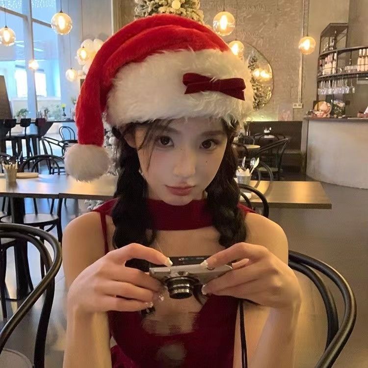 圣诞节帽子网红可爱蝴蝶结毛绒圣诞帽成人ins拍照cos服装圣诞节头