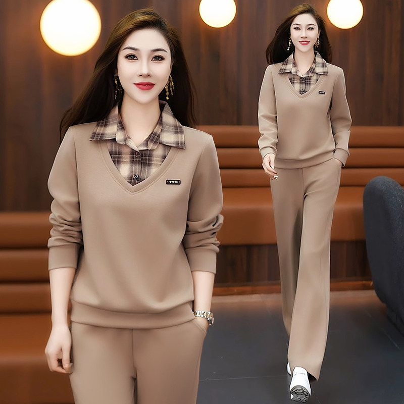 妈妈装运动套装女春秋季显瘦格子衬衣领拼接休闲阔腿裤卫衣两件套