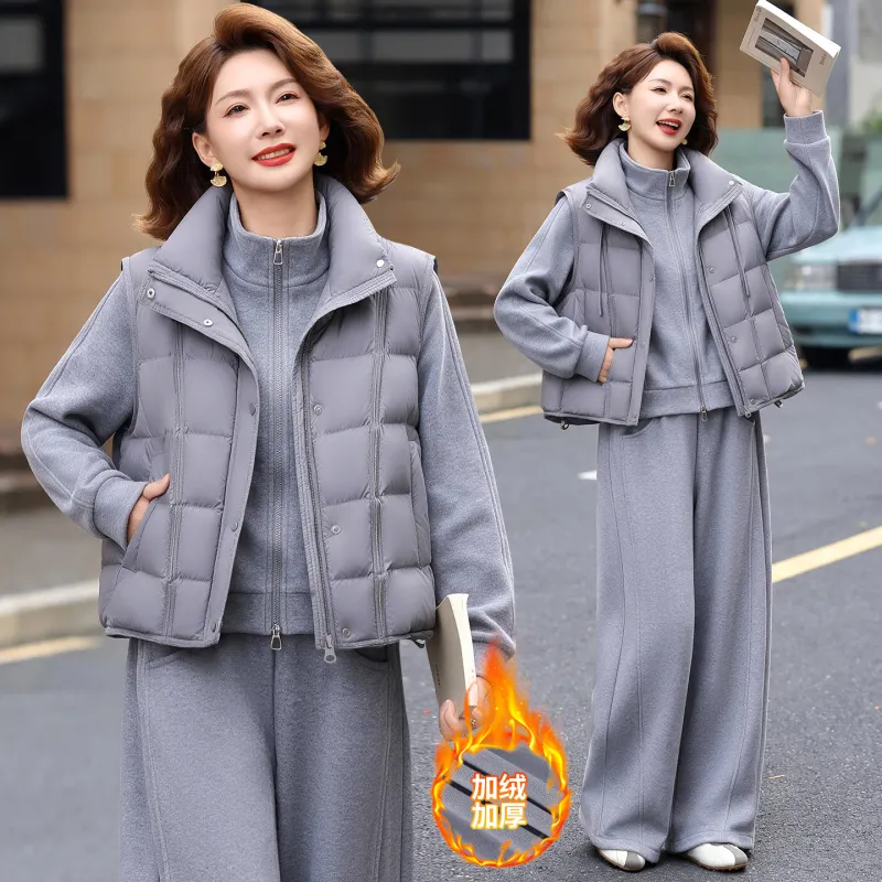 冬季女加绒加厚三件套运动套装