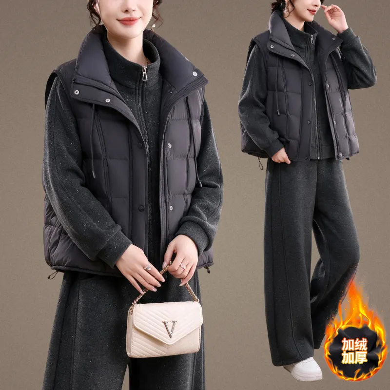 女冬季加绒保暖羽绒马甲三件套