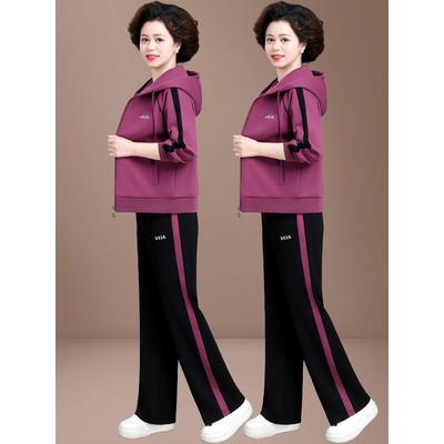 中年妈妈春装卫衣外套中老年运动套装女春秋款老人衣服两件套高贵