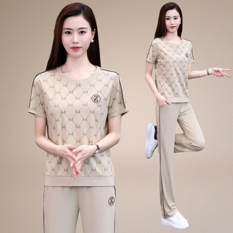 时尚休闲套装女夏天季新款减龄妈妈两件套冰丝圆领短袖运动服薄款