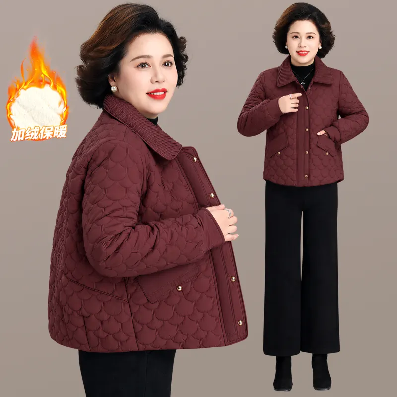 中老年妈妈加绒保暖菱格纹棉服