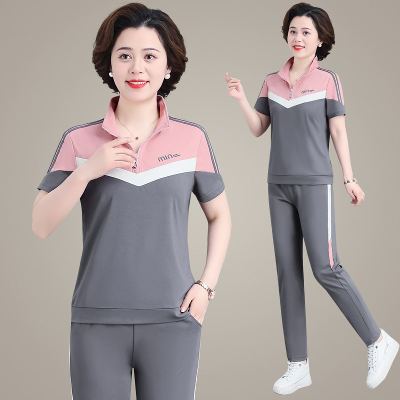 妈妈夏装2026新款洋气短袖t恤中老年女装运动服套装夏季休闲上衣