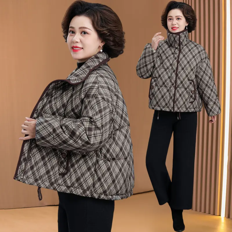 中老年女加厚格子立领棉服冬装