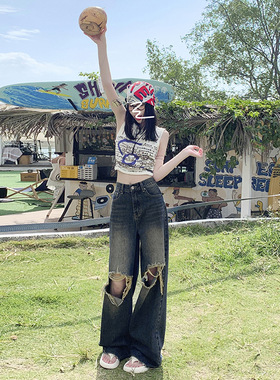 奥莱MAXSMLA25th ootd!美式街头新品 ｜宽松折猫须破洞牛仔裤拖地