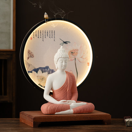中式LED灯圈展示台 礼佛佛龛像背景发光摆件禅意木倒流香供奉底座