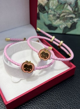 纯18K圣诞粉色苹果编织手链au750彩金铃铛圣诞树叠戴手绳礼物