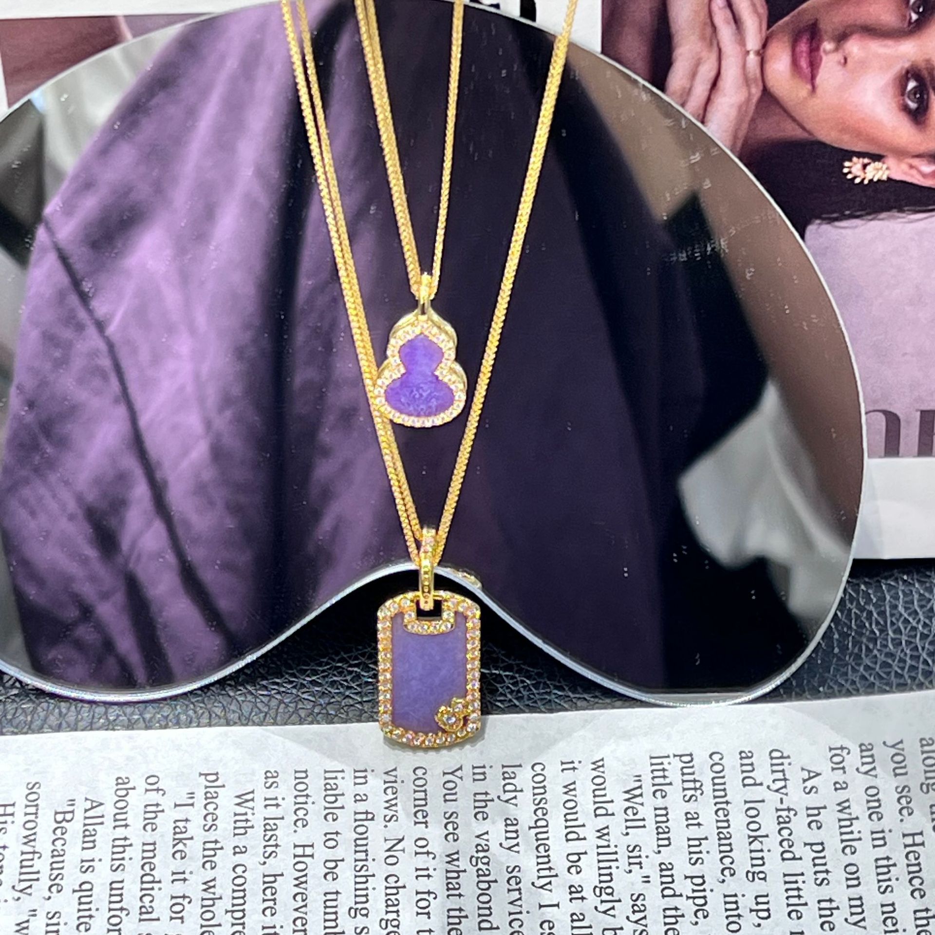 18K通体金葫芦吊坠au750镶嵌紫玉莫桑小众设计时尚通勤吊坠水贝直