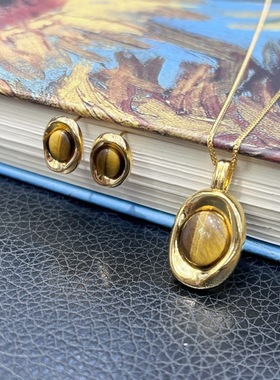 通体18K虎眼石耳钉对au750彩金镶嵌天然宝石耳饰吊坠项饰水贝好礼