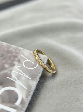 纯18K镶嵌莫桑钻半壁江山戒指au750彩金波纹简约精致时尚百搭指环