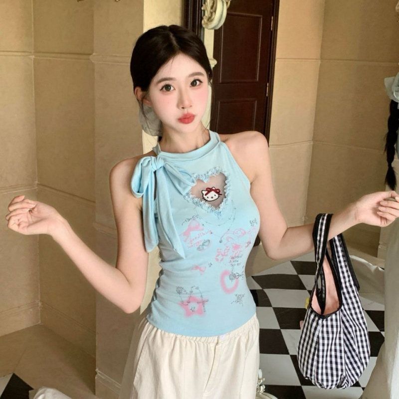 涂鸦夏季女外穿印花内搭吊带可爱辣妹修身短款设计感上衣