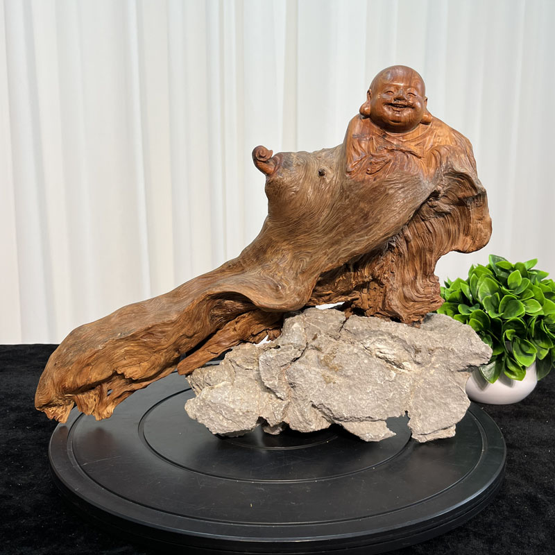 太行崖柏木根包石摆件根雕人物大肚弥勒笑佛招财纳福手工艺术藏品