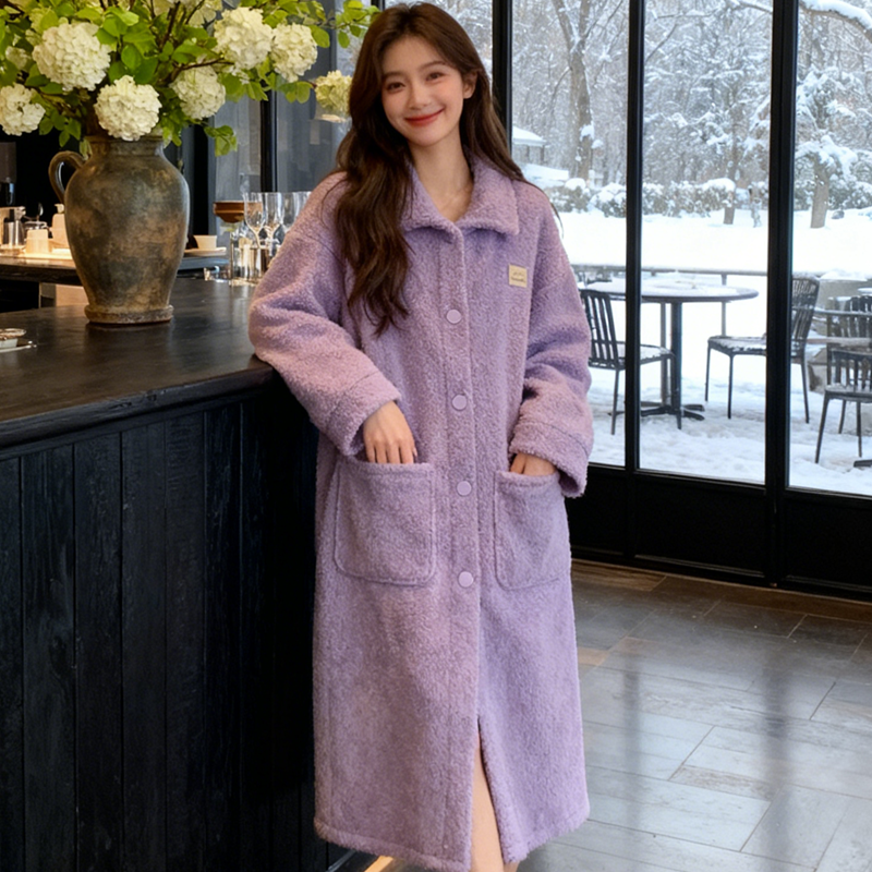 大衣款半边绒女士中长款开衫睡裙保暖风衣睡衣秋冬珊瑚绒睡袍晨袍