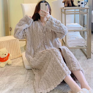 睡袍女士睡衣秋冬中长款法兰绒加厚加绒珊瑚绒开衫家居睡裙可外穿