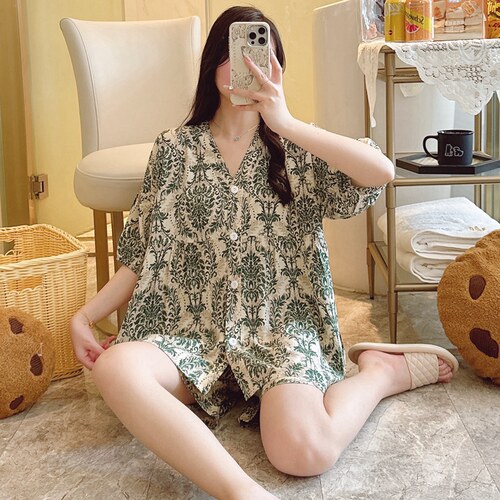 女棉绸短袖开衫睡衣套装加大