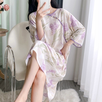 棉绸睡衣女夏中袖睡裙大码人造棉绵绸国风中式薄款宽松家居服长裙