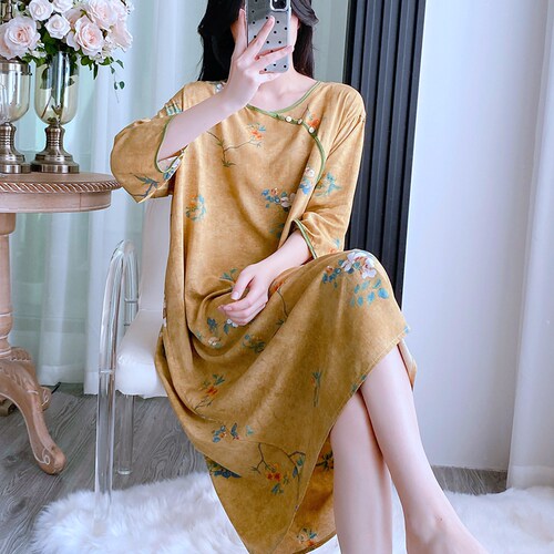夏款棉绸睡衣女中袖睡裙大码人造棉绵绸薄款宽松新中式家居服长裙