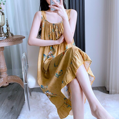 棉绸睡衣女吊带夏季睡裙高级感人造棉甜美可爱薄款宽松绵绸中长裙