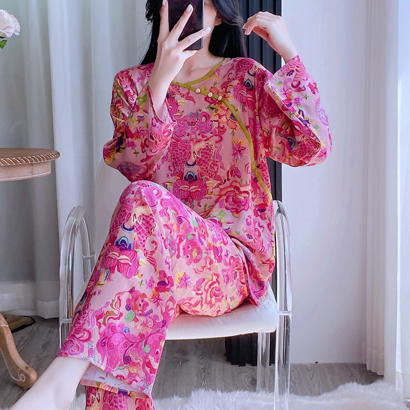 新中式棉绸睡衣女春夏长袖套头款人造棉绵绸薄款宽松家居服套装