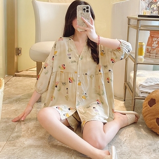 短裤 大码 棉绸睡衣女夏短袖 人造棉绵绸开衫 薄款 甜美凉感家居服套装