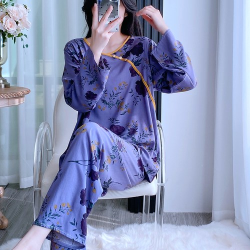 棉绸睡衣女春夏套头人造棉绵绸薄款宽松中式家居服凉感印花套装