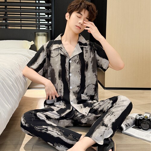 棉绸睡衣男夏季薄款短袖长裤开衫高级感家居服春夏人造棉绵绸宽松