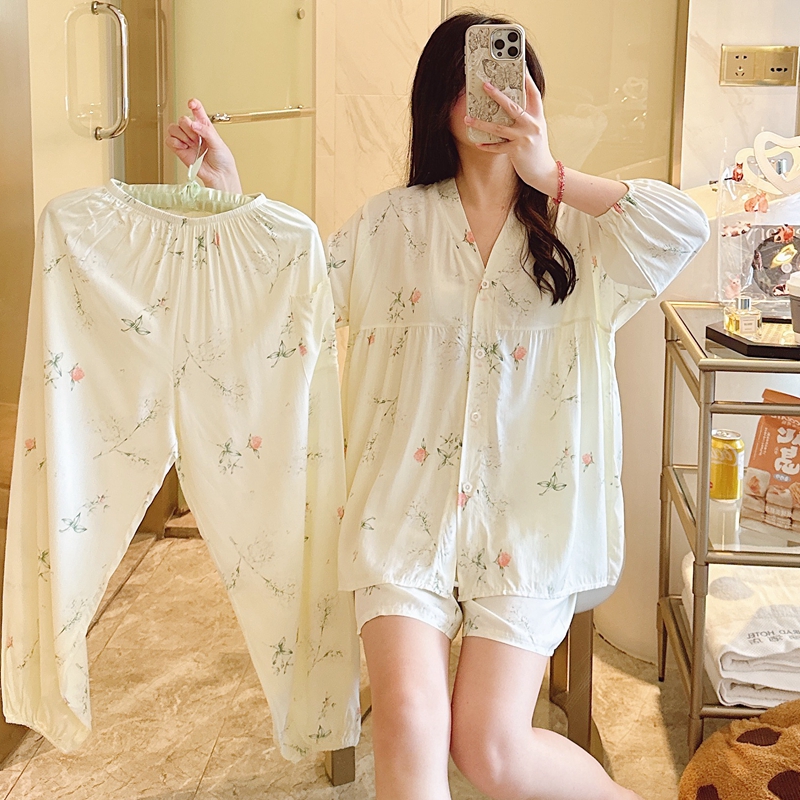 棉绸睡衣女春夏短袖短裤人造棉长裤三件套国风薄款外穿凉感家居服