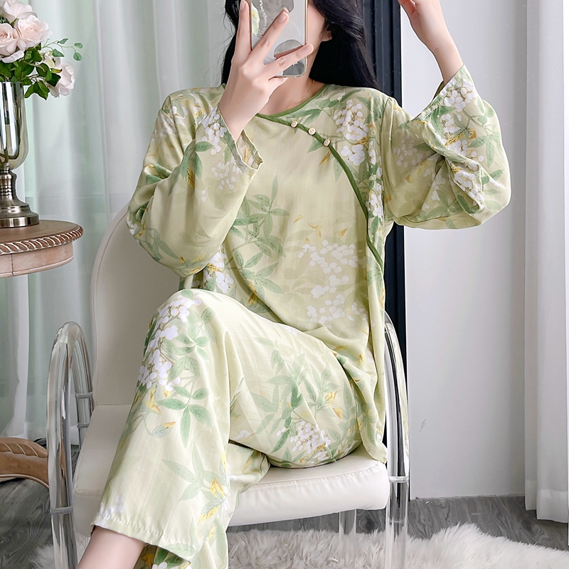 网红新中式长袖棉绸睡衣女春夏人造棉绵绸薄款国风凉感家居服套装