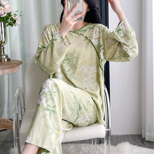 网红新中式长袖棉绸睡衣女春夏人造棉绵绸薄款国风凉感家居服套装