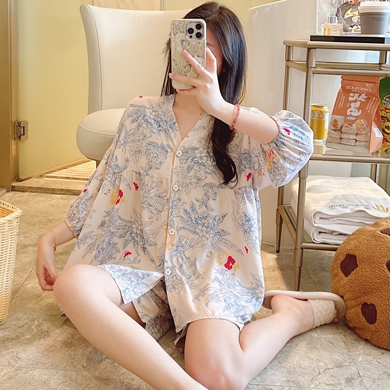 夏睡衣女棉绸短袖短裤开衫大码薄款凉感人造棉甜美家居服套装外穿