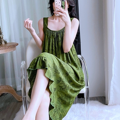 睡衣女夏可爱甜美人造棉吊带睡裙棉绸薄款宽松绵绸凉感家居服长裙