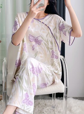 棉绸睡衣女夏季短袖长裤人造棉绵绸新中式薄款宽松家居服古风套装