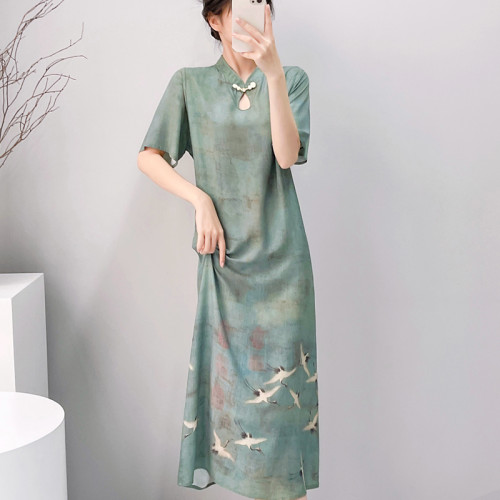 棉绸复古风改良旗袍连衣裙女夏短袖印花气质外穿宽松人造棉中长裙