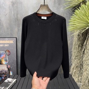欧洲站秋冬款男士休闲圆领修身烫钻满天星轻奢长袖针织毛衣T恤