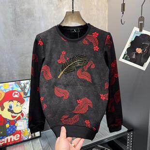 断码清仓~欧货轻奢个性简欧刺绣羽毛男长袖磨毛薄绒卫衣圆领T恤