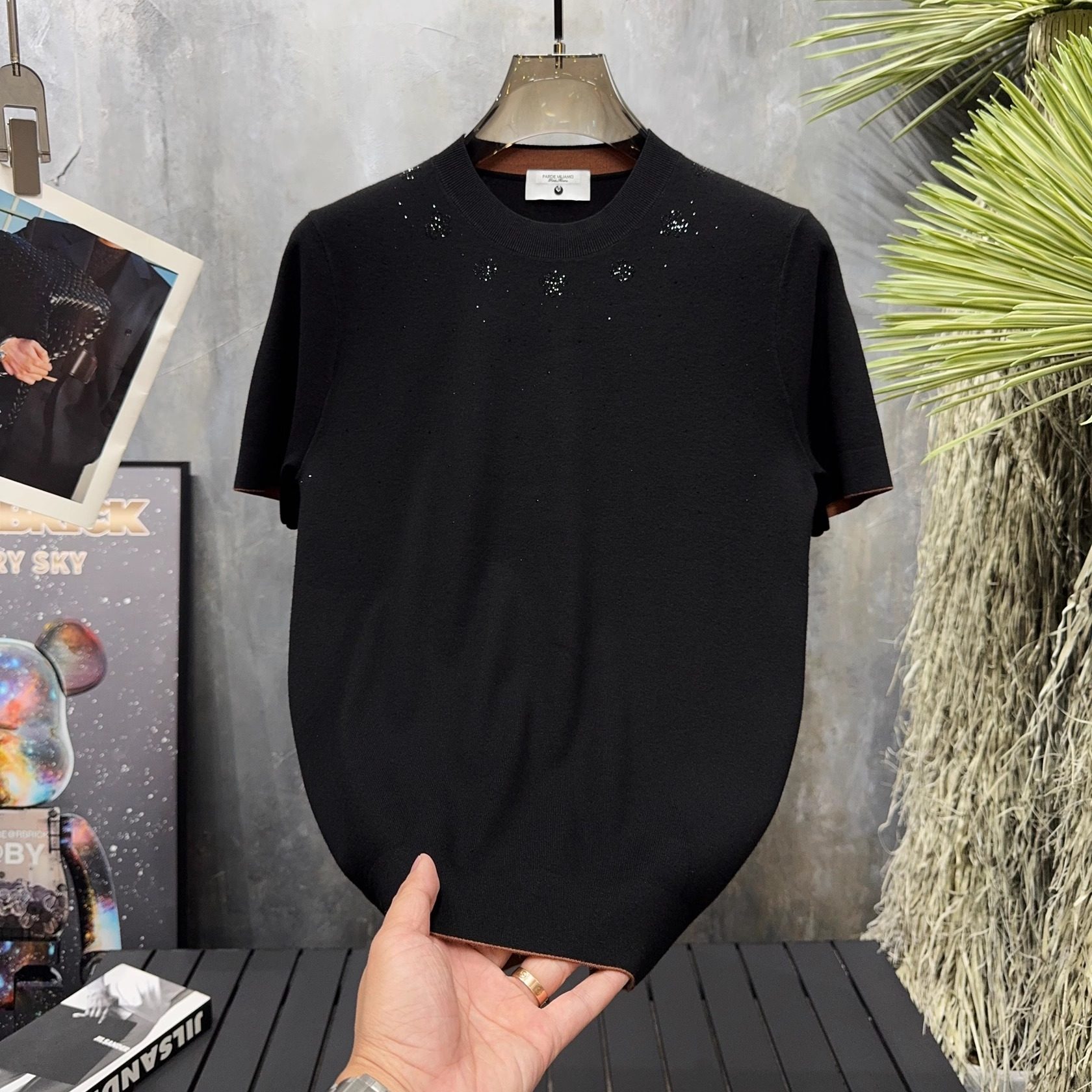 秋冬厚款男士简欧休闲圆领修身轻奢烫钻满天星短袖针织毛衣T恤