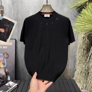 秋冬厚款男士简欧休闲圆领修身轻奢烫钻满天星短袖针织毛衣T恤