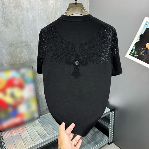 秋冬新款潮流欧货轻奢品质烫钻翅膀图案男修身针织毛衣短袖T恤