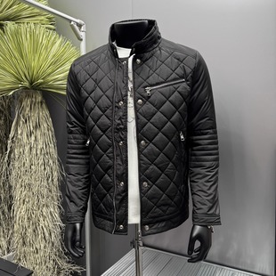 欧洲站冬款欧货绗缝格子拼接男士立领加厚轻便保暖棉服厚外套夹克