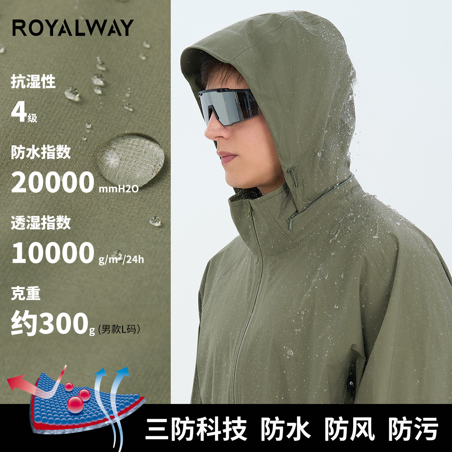 ROYALWAY男款冲锋衣3L单层超轻薄户外运动全压胶防水登山服外套男