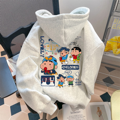 日系可爱蜡笔小新连帽卫衣女春秋高级小众oversize宽松情侣装外套