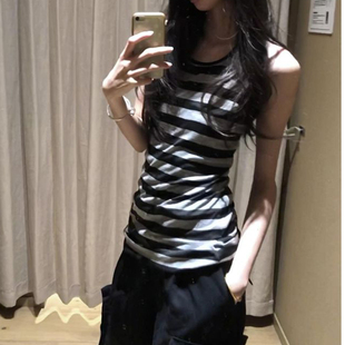 性感露背松弛感修身 美式 復(fù)古條紋辣妹掛脖背心女夏季 薄款 上衣