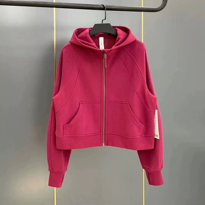 小个子短款红色开衫连帽卫衣