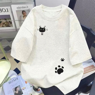 漂亮狗爪印花短袖 上衣ins潮 T恤卡通猫咪设计小众宽松百搭休闲半袖