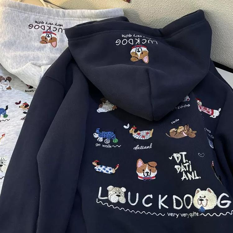 藏青色卡通印花可爱连帽卫衣女秋冬加绒设计感慵懒风宽松ins外套