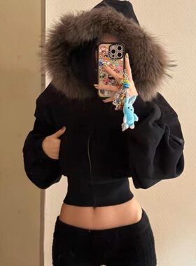 黑色毛领连帽卫衣女短款拉链外套高级感小个子设计感韩系加绒上衣