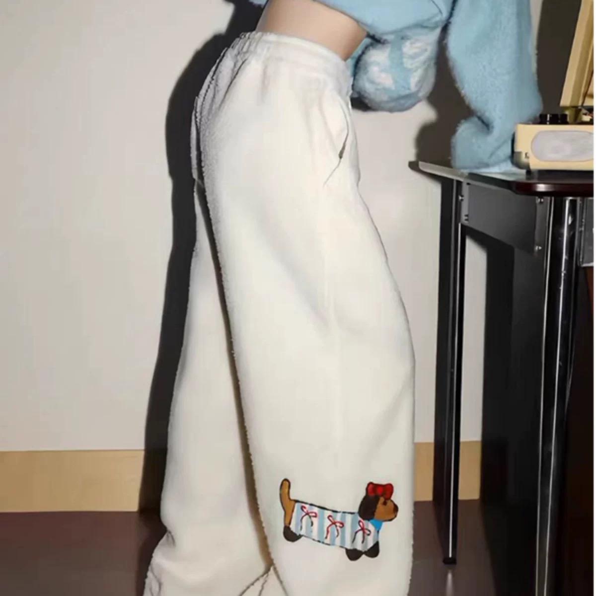 羊羔绒小狗休闲裤女冬季加绒学院风宽松直筒休闲设计感保暖长裤