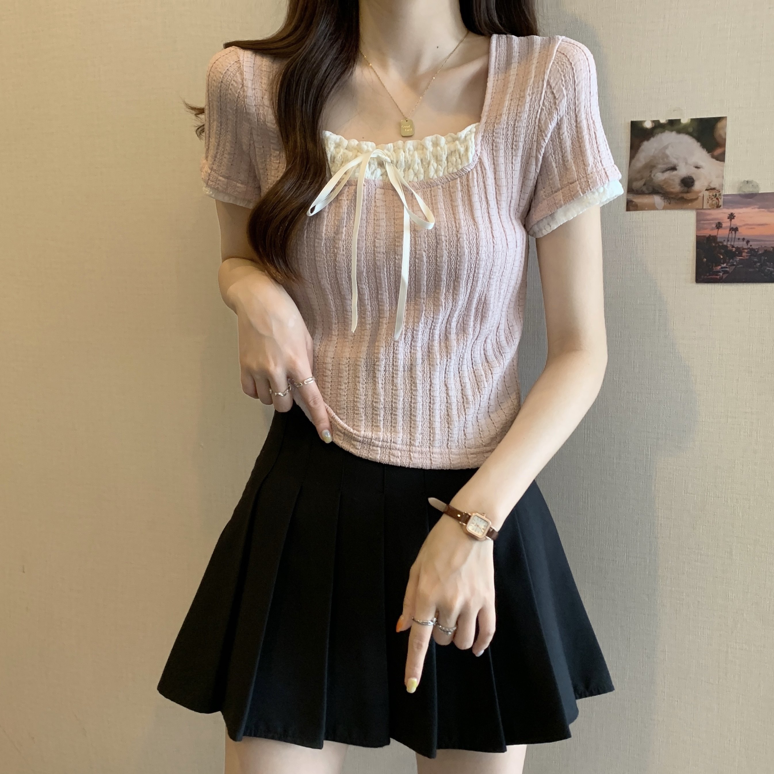 法式假两件短袖T恤女夏新款撞色修身显瘦小众蕾丝拼接设计感上衣