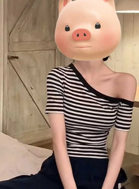 性感辣妹风条纹斜肩短袖T恤